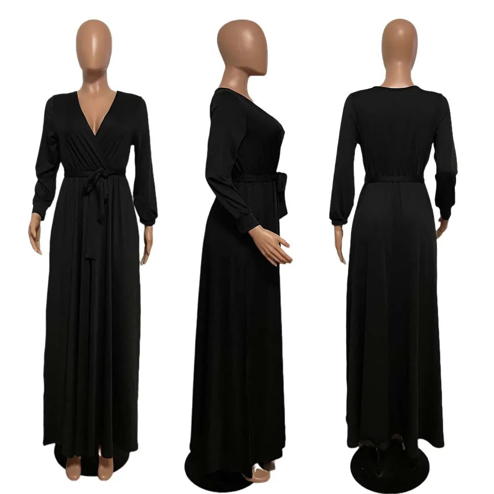 CM.YAYA Elegant Women Wraped V-neck Long Sleeve with Sashes Maxi Long Dress Chic INS Sexy Party Prom Big Swing Pink Dresses GONZALES ONLINE SHOP