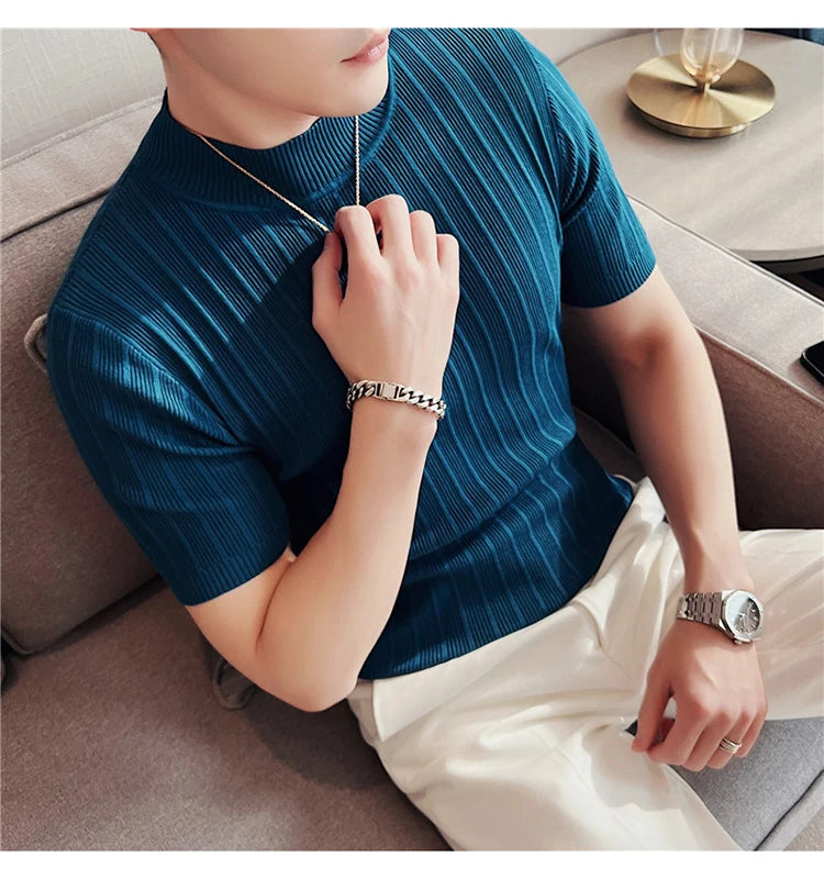 Men's High-End Casual Short Sleeve knitting Sweater/Male High collar Slim Fit Stripe Set head Knit Shirts Plus size S-4XL GONZALES ONLINE SHOP