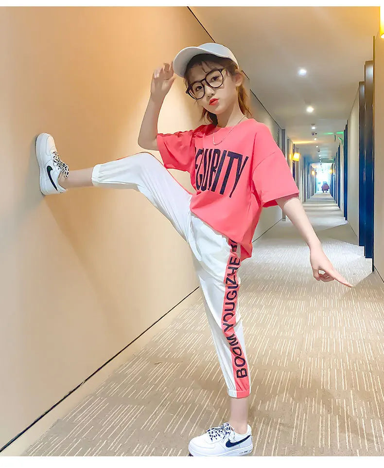 2024 Teen Girls Sport Suit letters short t-shirt + striped Pants Children Set Tracksuit Kids Leggings 5 8 12 9 14 Years Clothing GONZALES ONLINE SHOP