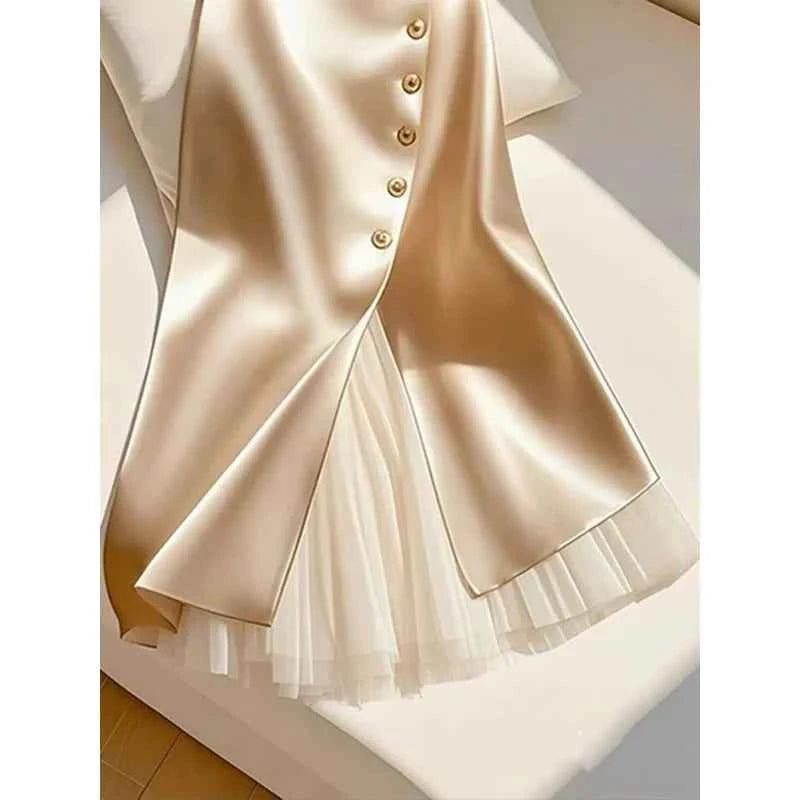 Elegant Satin Long Skirts for Women Fashion Spliced Mesh Single Breasted Slit Maxi Skirt 2025 New Commuting Lady Skirt