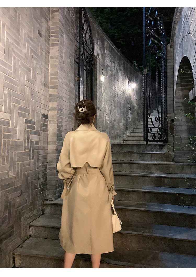 Autumn Winter Khaki Long Trench Coat for Women 2024 Jacket Elegant Outerwear Turn-down Collar Tie Belt Korean Chic Windbreaker GONZALES ONLINE SHOP