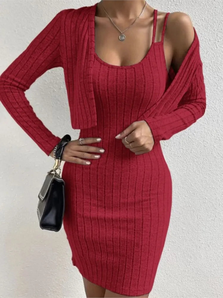 Fashion Women Slim Mini Dress 2 Piece Sets Autumn Ribbed Double Strap Bodycon Sleeveless Vest Dress + Long Sleeve Cardigan Set GONZALES ONLINE SHOP