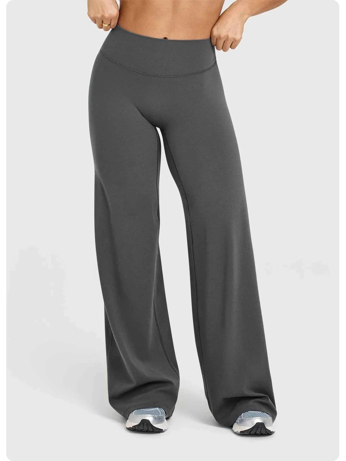 High Waisted Wide Leg Yoga Pants Women Butt Lift Coffee Brown Workout Trousers Flare Leggings Tummy Control Gym Fitness Wear