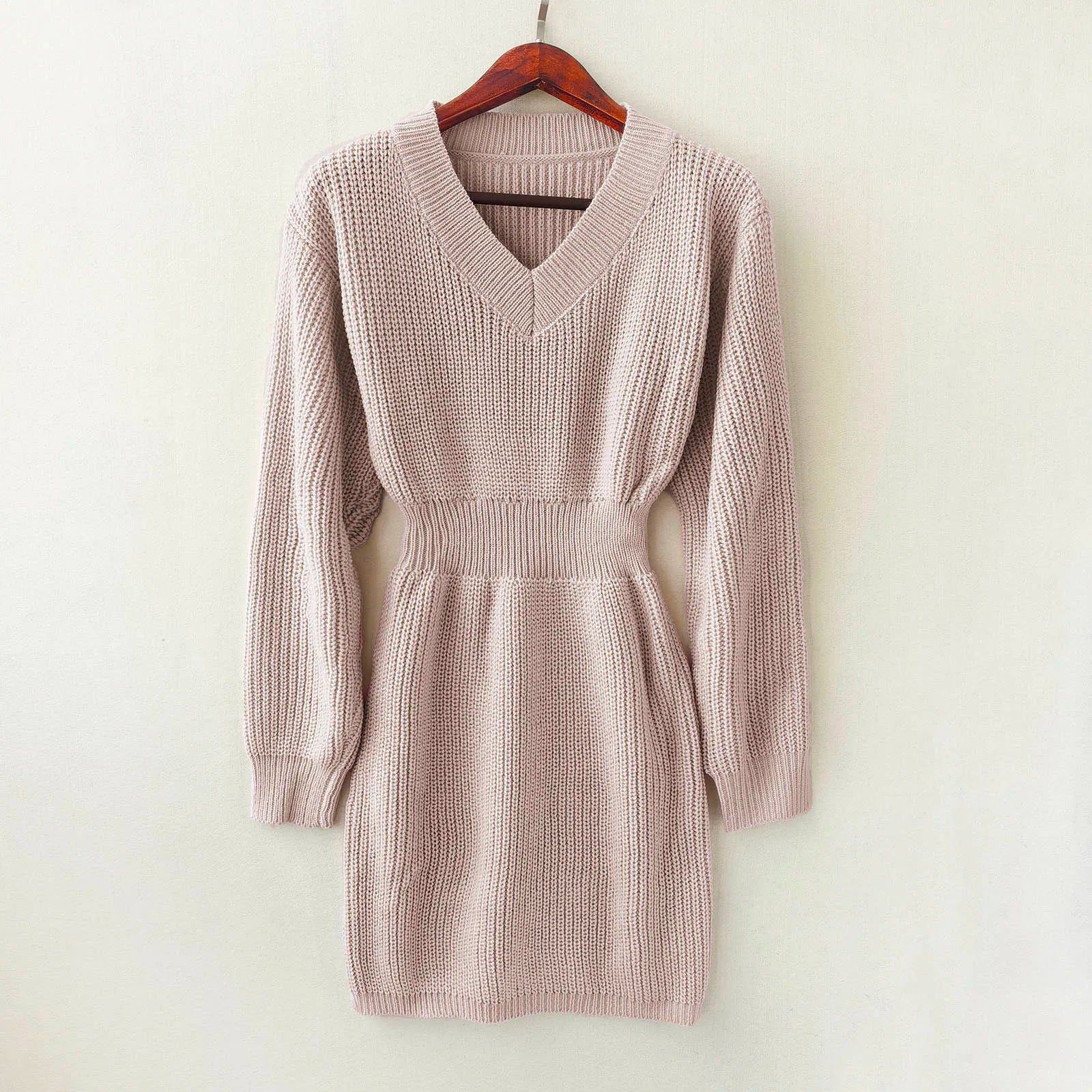 V-Neck Drop Shoulder Long-Sleeved Waisted Sweater Dress Feminine Temperament Knitted Dress Autumn and Winter New Dresses GONZALES ONLINE SHOP