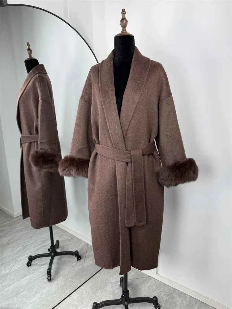 Tossy Fox Fur Wool Overcoat Women's Short Coat Office Lady Elegant Double-sided Woolen Coat 2025 New Cardigan Jackets Loose Wool