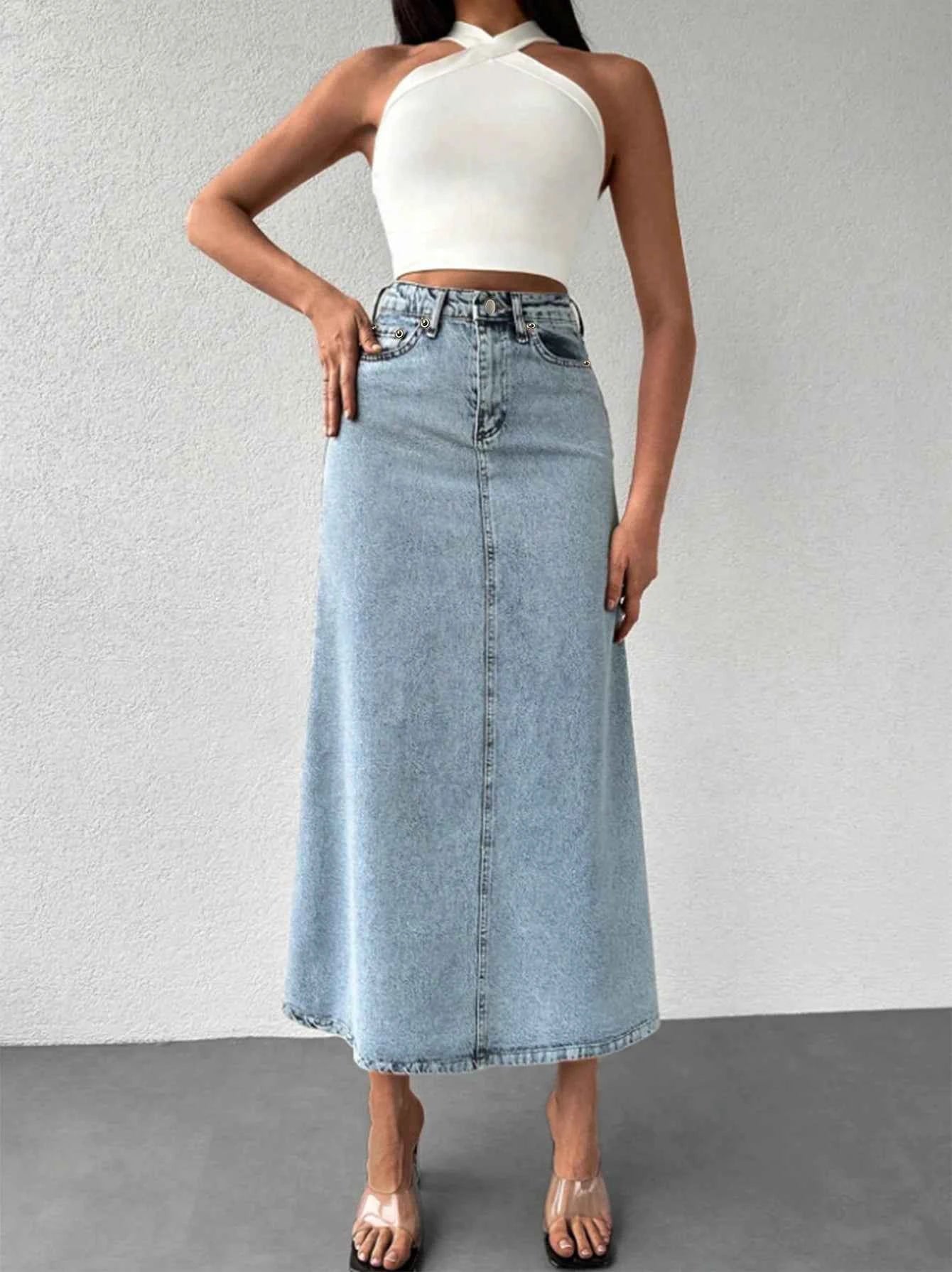 Women's mid-length denim midi skirt, with a retro and nostalgic washed light color five-pocket style, basic and practical A-line