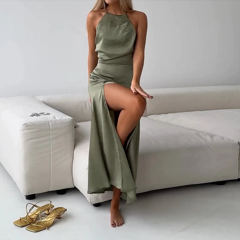 Ellafads Women Maxi Dress Summer Casual Elegant Solid Nipped Waist Sleeveless Backless Lace Up Slit Party Holiday Loose Dresses GONZALES ONLINE SHOP