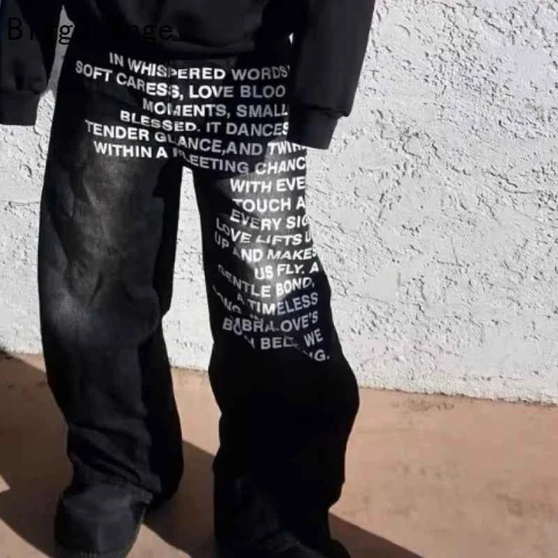2025 American Fashion Jeans Letter Printing Pattern High Street Casual Wide Legs Y2K Men's Retro Gothic Trendy Casual Pants