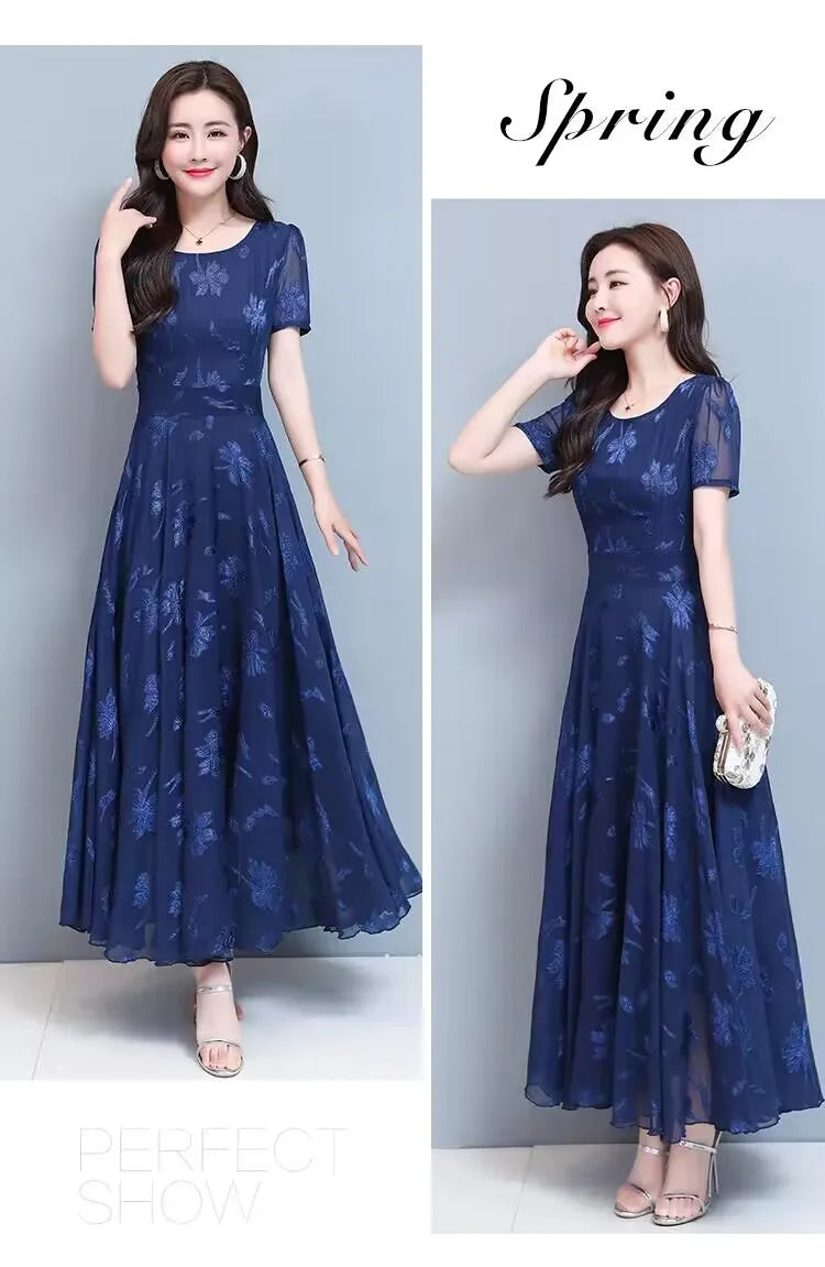 Casual Blue Clothes For Women Summer Maxi Dress 2024 New Red Chiffon O-Neck Party Elegant Boho Korean Fashion Evening Dresses GONZALES ONLINE SHOP