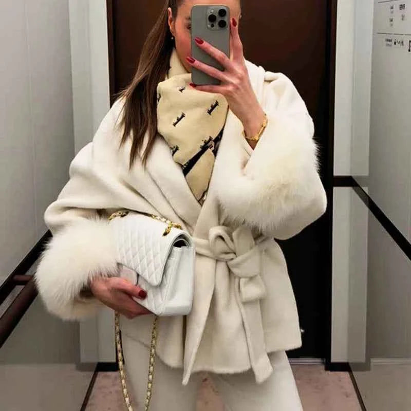 TARUXY Fox Fur Woolen Coats Women's Short Coat Office Lady Removable Elegant Double-sided Wool Overcoat 2025 New Cardigan Jacket