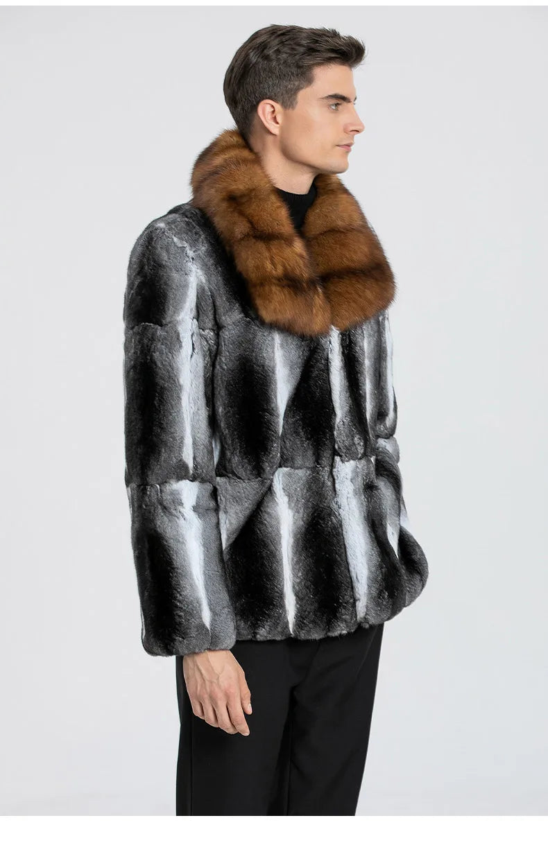 Fur Lover Winter Men's Real Chinchilla Fur Full Skin Overcoat Authentic Chinchilla Fur Long Coat With Genuine Sable Fur Collar GONZALES ONLINE SHOP