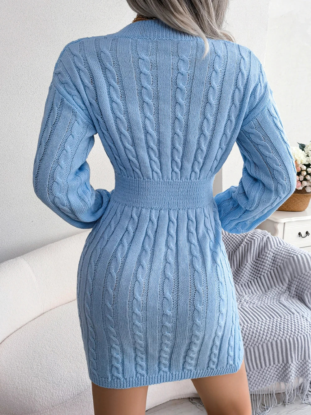 White Knitted Dresses Sweater Dress Lady V Neck Party Prom Clothes Winter Fashion Chic Long Sleeve Mini Skirt Bodycon Streetwear GONZALES ONLINE SHOP