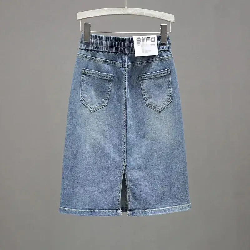 Women's Denim Skirt Midi To Knees Length with Pocket Zipper Female Jeans Skirts Chubby Slit Casual Modest Clothing Trend 2025 V GONZALES ONLINE SHOP