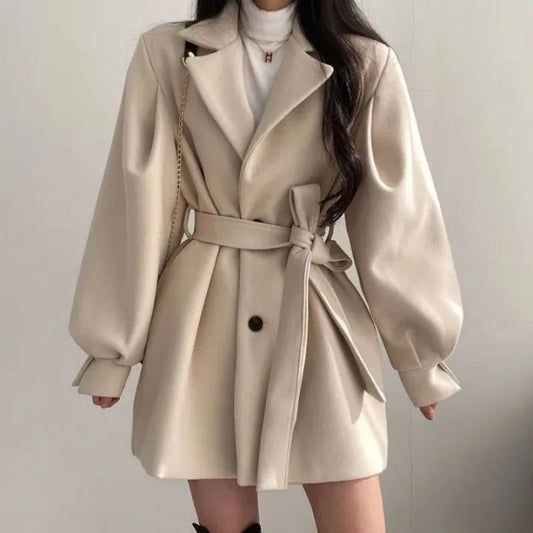 Autumn Winter Wool Jacket Women Clothing Woolen Coat Loose Lace-Up Single-Breasted Solid Wool Blend Coats Elegant Chic Outerwear GONZALES ONLINE SHOP