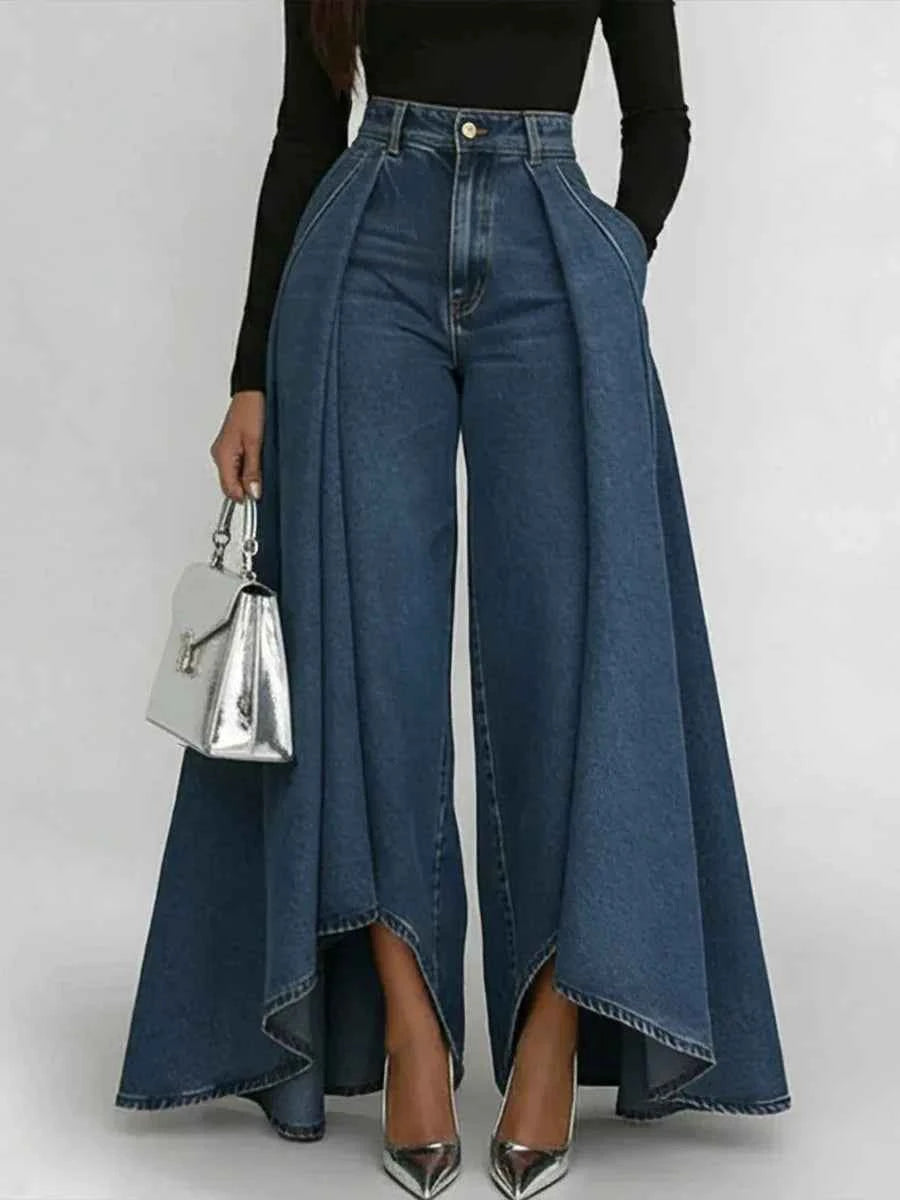 High Waisted Wide Leg Jeans For Women Asymmetrical Hem Loose Fit Denim Pants Streetwear Fashion With Pockets  Casual Trousers