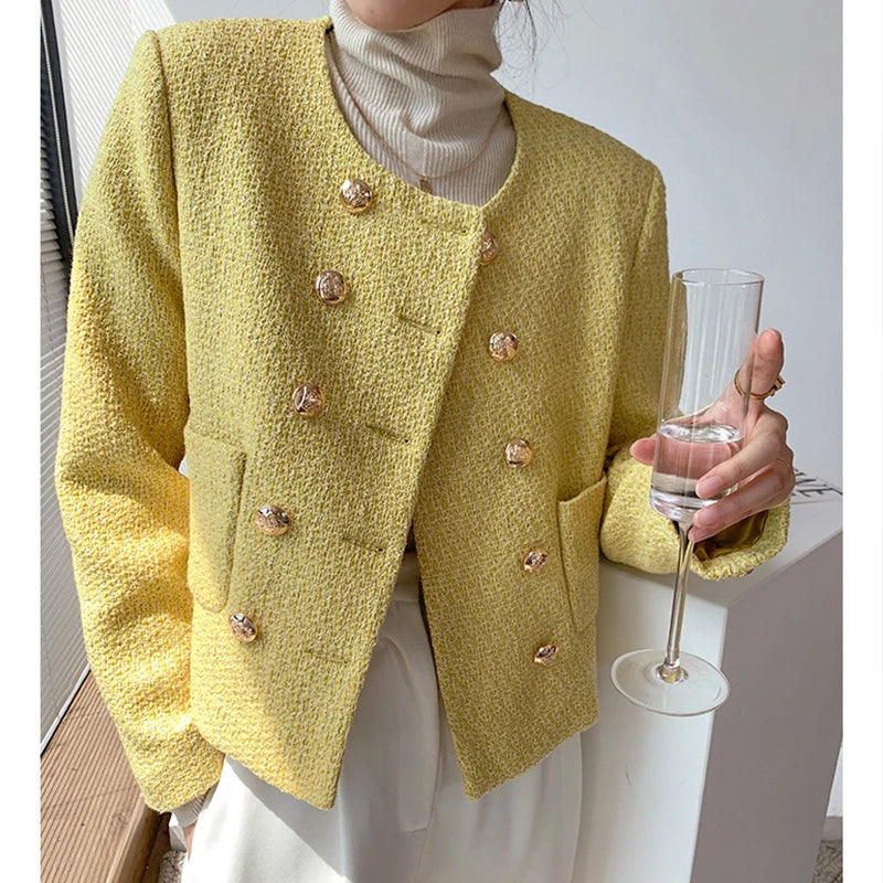 Chic Yellow Tweed Jacket Women  Autumn Double Breasted O-neck Woolen Coat Ladies Office Winter Elegant Street Outerwear GONZALES ONLINE SHOP