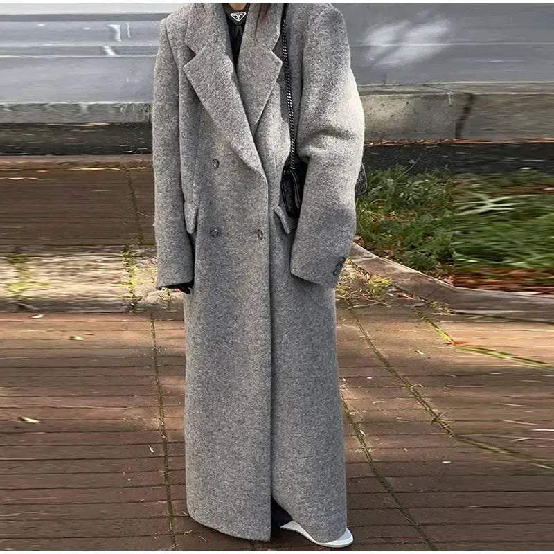 Retro Turn Down Collar Long Coat Women Autumn Solid Long Sleeve Maxi Coats Female Elegant Chic Oversize Double Breasted Outwear GONZALES ONLINE SHOP