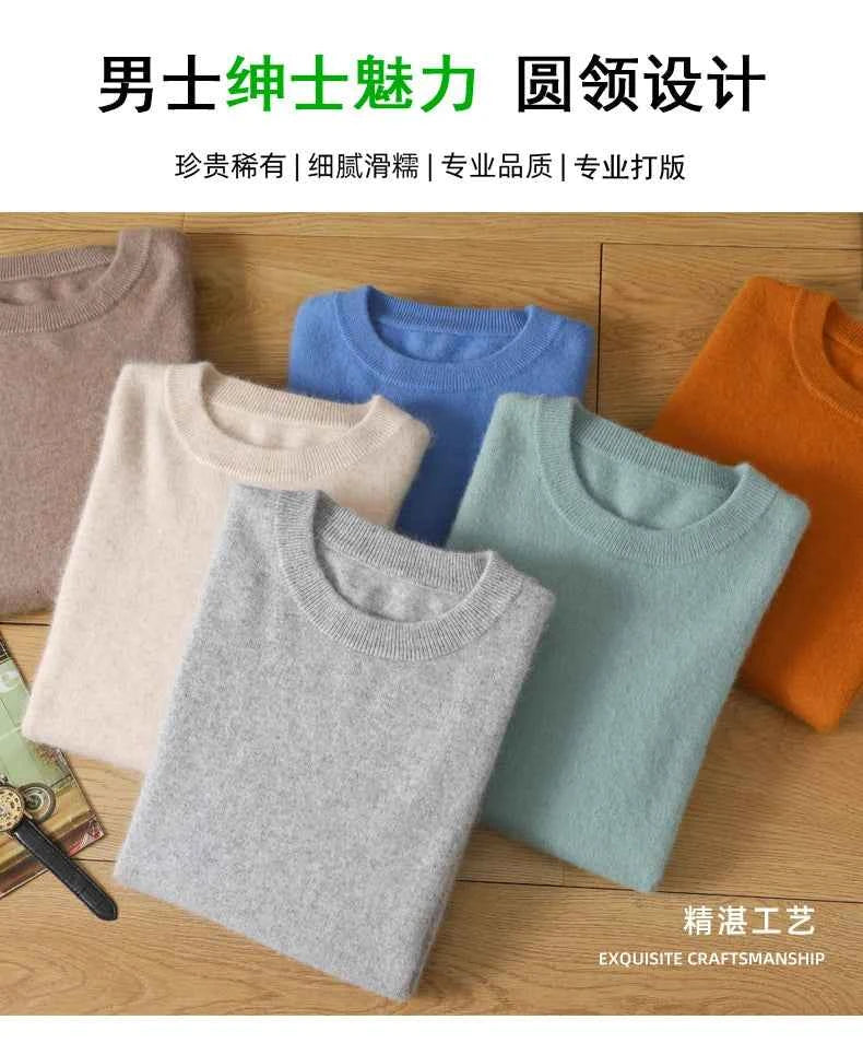 Men's 100% Pure Mink Cashmere Sweater O-Neck Pullovers Knit Sweater Autumn and Winter New Long Sleeve High-End Jumpers Mink Tops