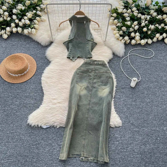 American Retro Washed Denim Two-piece Set,Women's New Summer Vintage Hang-the-neck Sleeveless Lapel Top with Slit Slimming Skirt