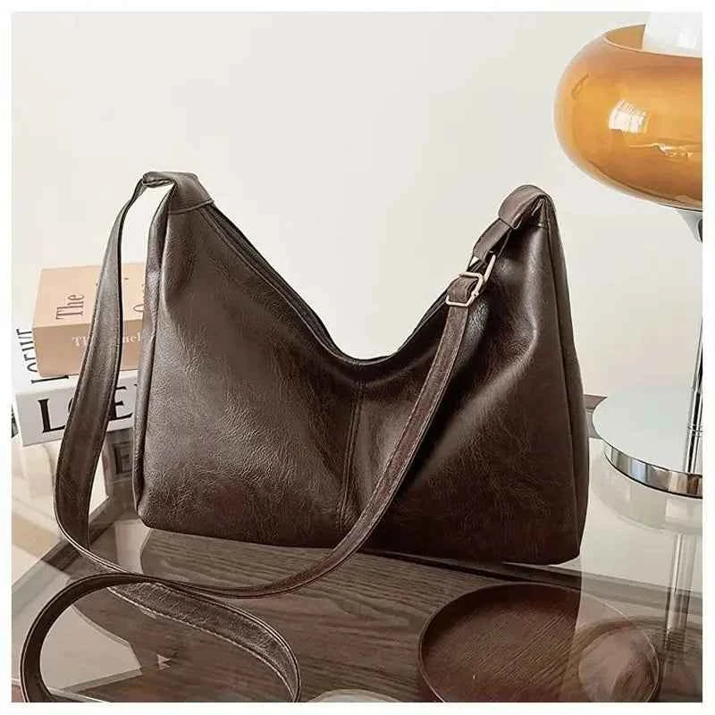 PU Leather Commuter Fashion Vintage Casual Tote Bag Maillard Stylish Crossbody Bags for Women Texture Large Capacity Temperament