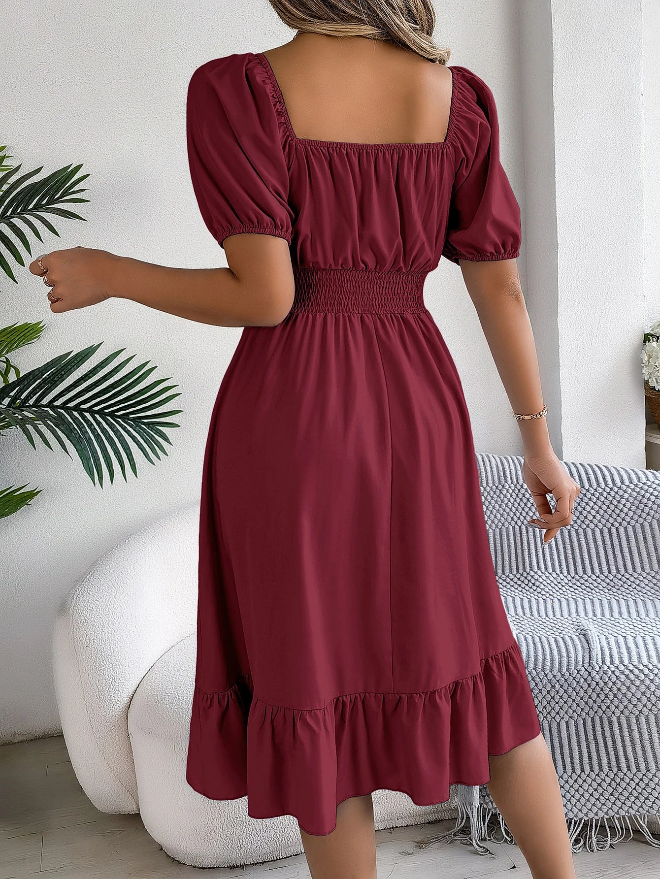 2024 New Fashion Solid Puff Sleeve Square Neck Ruched Bust Ruffle Hem Wasit Dress, Women's Clothing GONZALES ONLINE SHOP