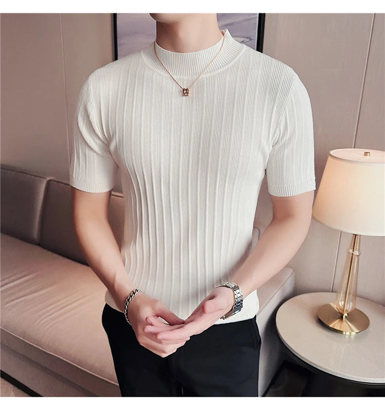 Men's High-End Casual Short Sleeve knitting Sweater/Male High collar Slim Fit Stripe Set head Knit Shirts Plus size S-4XL GONZALES ONLINE SHOP