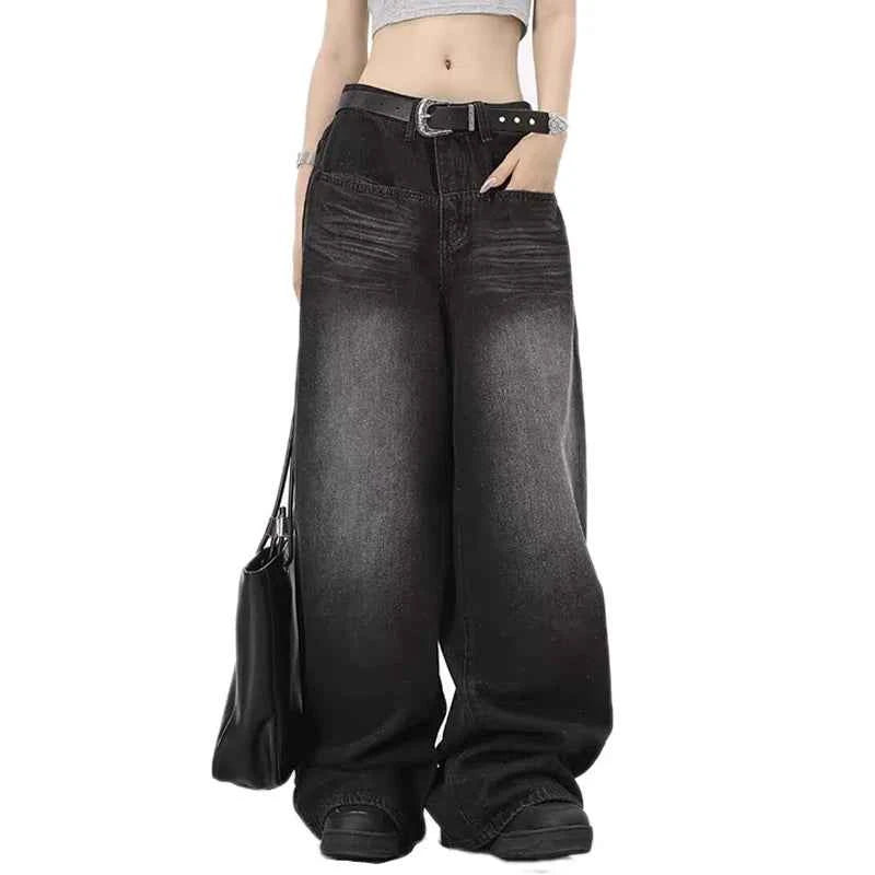 Oversized Retro Black Jeans Wide Leg Pants For Women Chic Y2K Low Waist Baggy Jeans Trouser Mens Barrel Jeans Streetwear