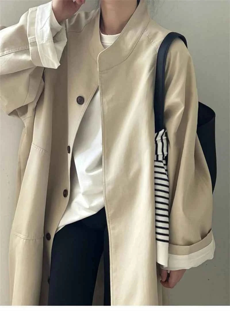 Lazy Loose Stand Up Collar Long Ttrench Coat For Women New Spring Autumn Casual British Style High-end Windbreaker Overcoat