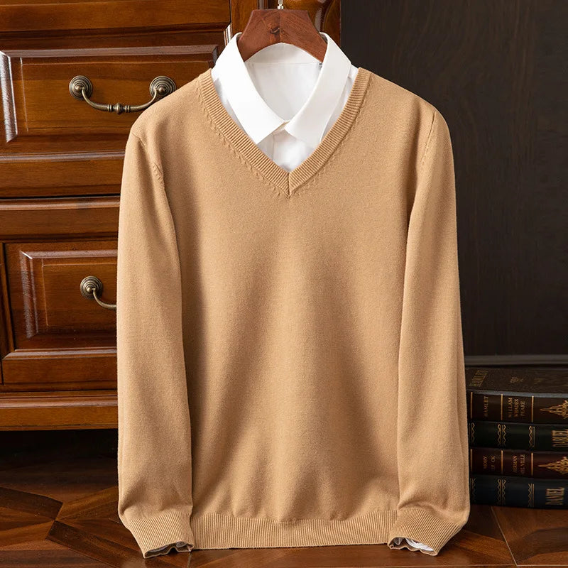 Men Soft Cashmere Sweater V-Neck Cold Resistant Pullovers Loose Knitted Shirt Autumn Winter Korean Popular Woollen Clothes GONZALES ONLINE SHOP