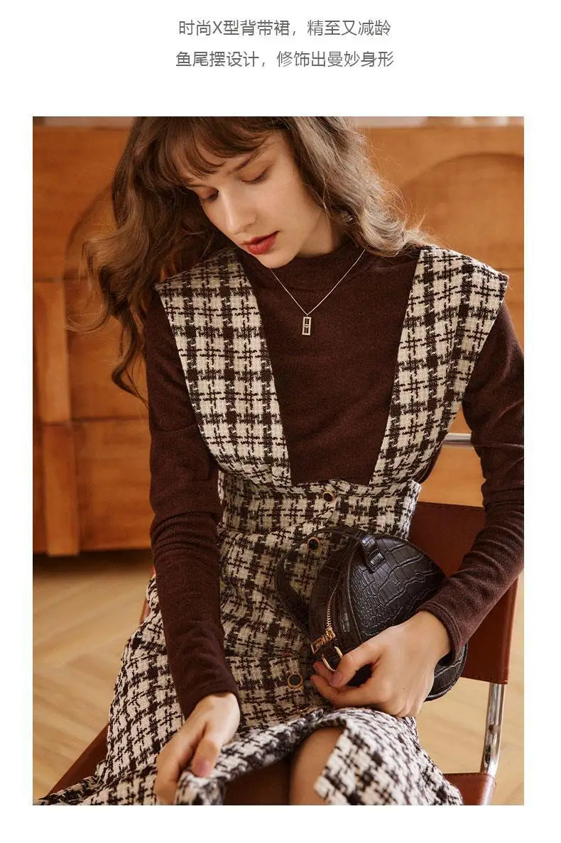 Women's Autumn Winter Fashion Sleeveless Plaid Dress Korean Lady Graceful Sweater Tops Overall Dresses 2 Piece Set 2022 Outfits GONZALES ONLINE SHOP