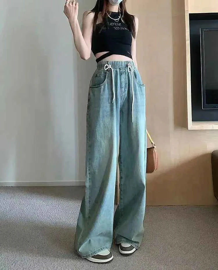 Waist Drawstring Jeans for Women in Spring Summer Korean Version Ins High Waist Slimming Student Straight Wide-leg Floor Pants