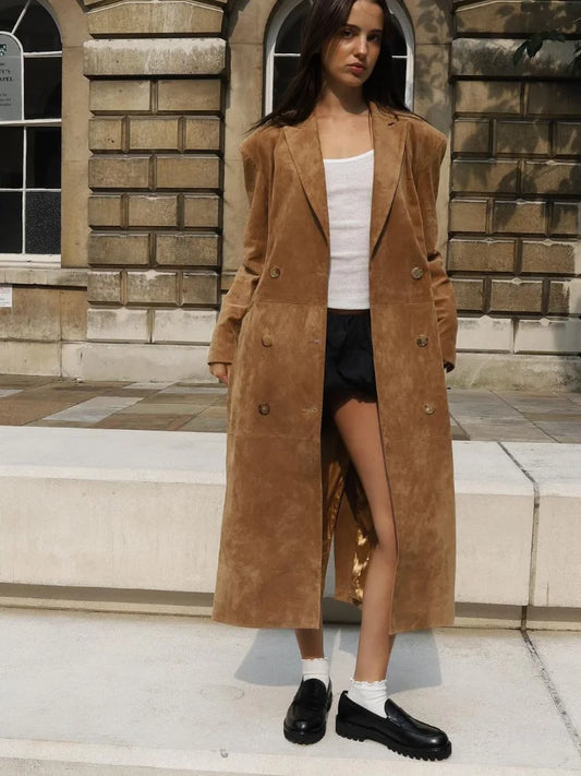 Women Fashion Double Breasted Solid Suede Overcoats Elegant Lapel Full Sleeves Pocket Long Coat Autumn Chic Lady Commute Outwear GONZALES ONLINE SHOP