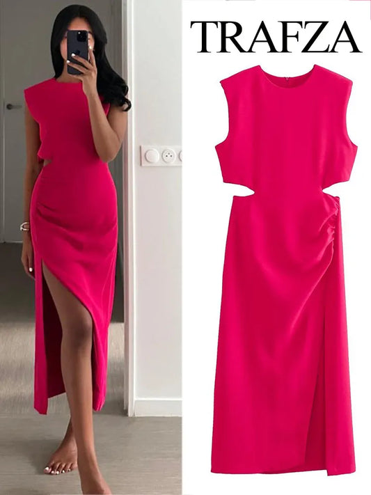 TRAFZA New Cut Out Rose Red Dress Woman Ruched Summer Long Dresses For Women Sleeveless Midi Party Dresses Elegant Evening Dress GONZALES ONLINE SHOP