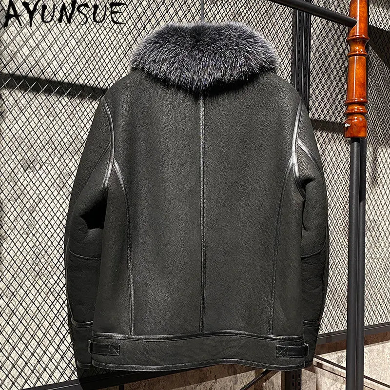 AYUNSUE Mens Natural Fur Jacket Sheepskin Genuine Leather Jacket Men Warm Real Fur Coat Winter Clothes Sliver Fox Fur Collar GONZALES ONLINE SHOP