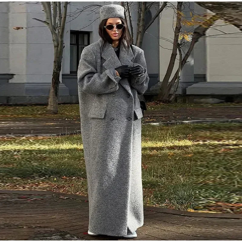 Retro Turn Down Collar Long Coat Women Autumn Solid Long Sleeve Maxi Coats Female Elegant Chic Oversize Double Breasted Outwear GONZALES ONLINE SHOP