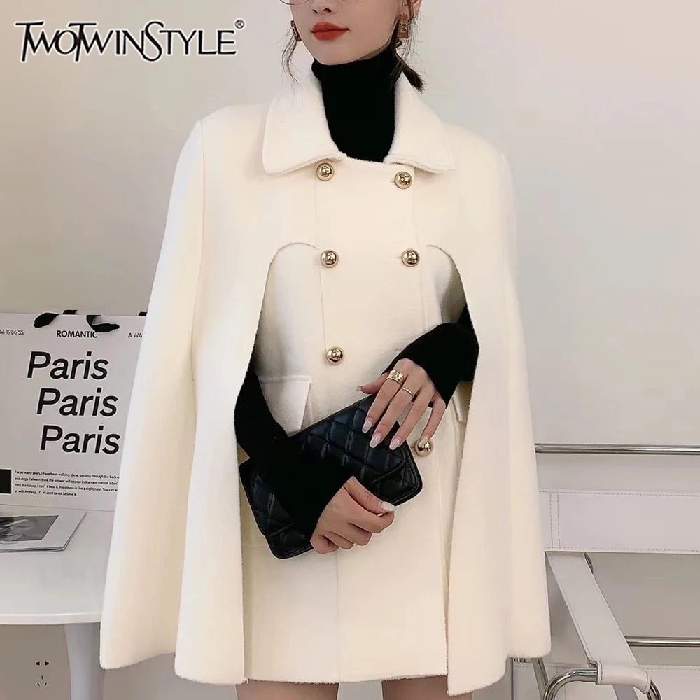 TWOTWINSTYLE Solid Patchwork Pocket Chic Coat For Women Lapel Cloak Sleeve Spliced Double Breasted Elegant Coats Female Style GONZALES ONLINE SHOP