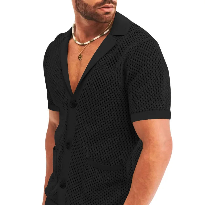 Summer New Men Shorts Mesh Hollow Out Knitted Casual Sports Lapel T-Shirt Short Sleeve Solid Beach Suit Men's 2 Pieces Set Suits GONZALES ONLINE SHOP