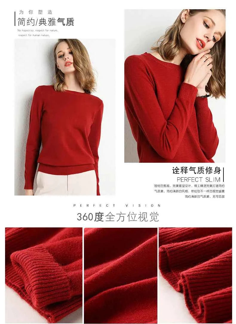Women Slim O-Neck Solid Pullover Cashmere Wool Blending Sweater Autumn And Winter Long-Sleeved Knit Bottoming Shirt Large Size