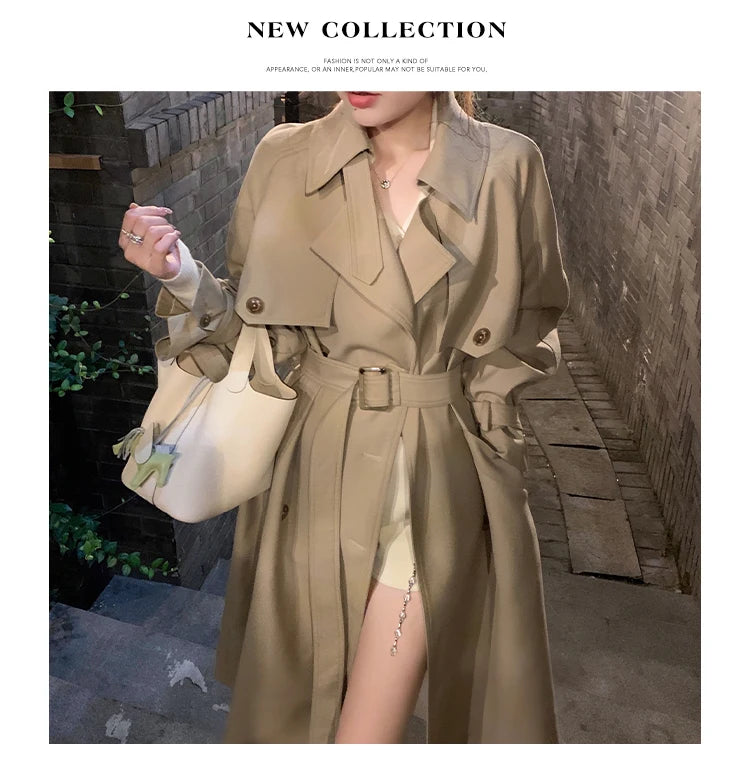 Autumn Winter Khaki Long Trench Coat for Women 2024 Jacket Elegant Outerwear Turn-down Collar Tie Belt Korean Chic Windbreaker GONZALES ONLINE SHOP