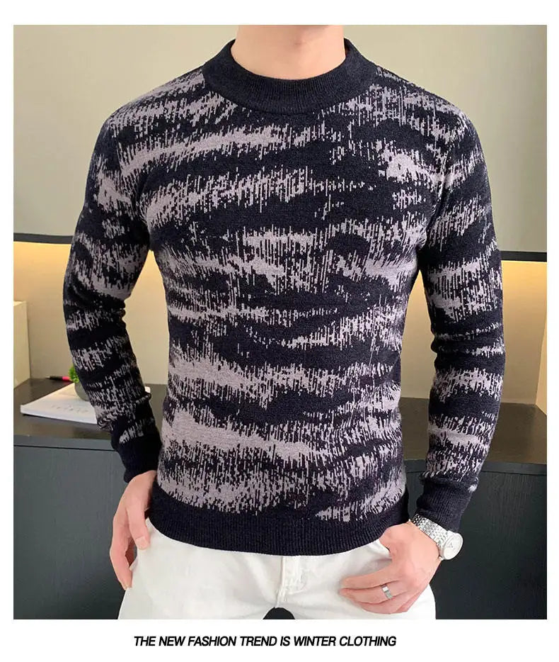 Autumn Winter Velvet Knitted Sweater Men Long Sleeve Casual Business Sweaters Comfortable Warm Versatile Social Pullover Tops GONZALES ONLINE SHOP