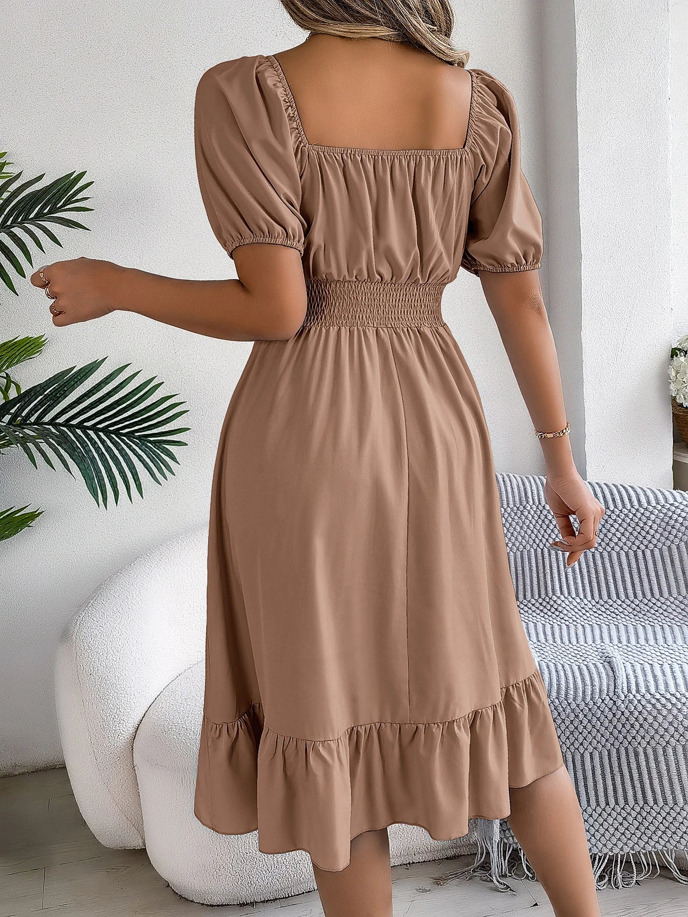 2024 New Fashion Solid Puff Sleeve Square Neck Ruched Bust Ruffle Hem Wasit Dress, Women's Clothing GONZALES ONLINE SHOP