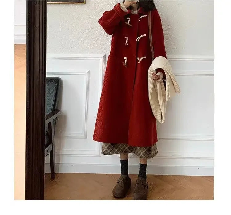 Women Chic Horn Button Long Blends Coats Solid Colors Warm Autumn Winter Coats Big Pockets Elegant Commute Outwears New Parkas GONZALES ONLINE SHOP