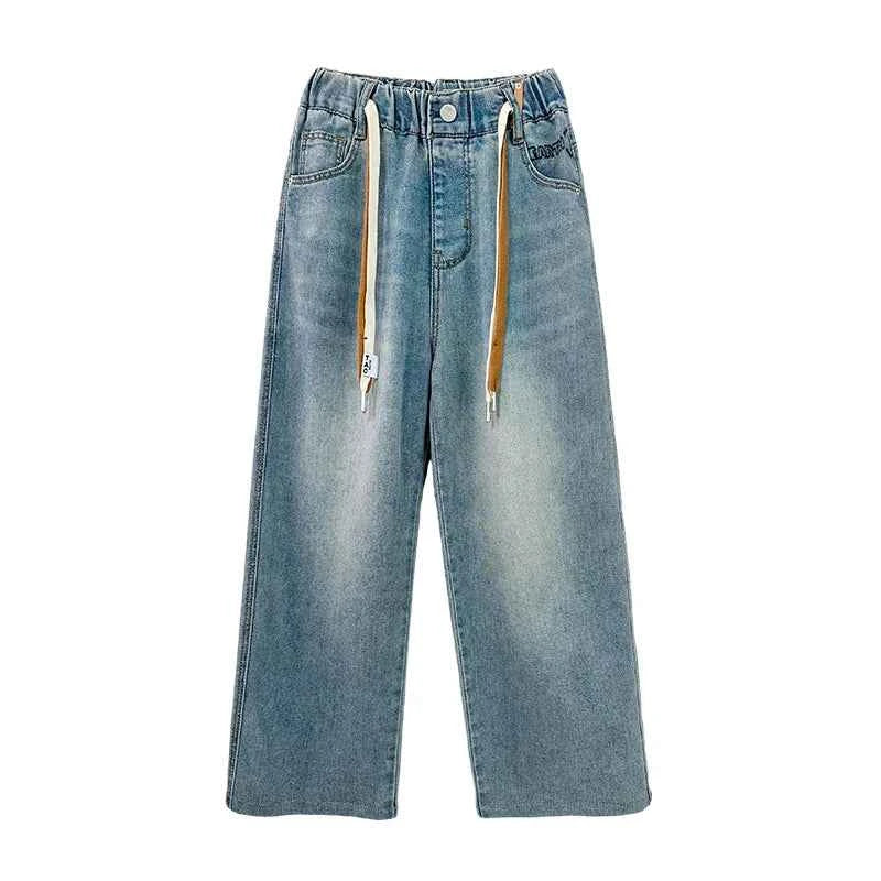 High Quality Kids Straight Fit Drawstring Jeans for Boy Girl Brief High Waist Denim Pants Unisex Child Casual Jeans Trousers