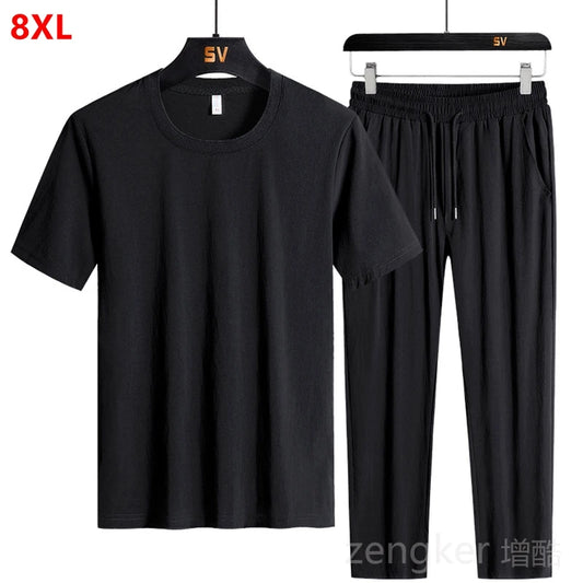 Plus size sports suit men's ice silk short sleeve T-shirt summer running speed dry two-piece set tracksuit men 8XL men clothing GONZALES ONLINE SHOP