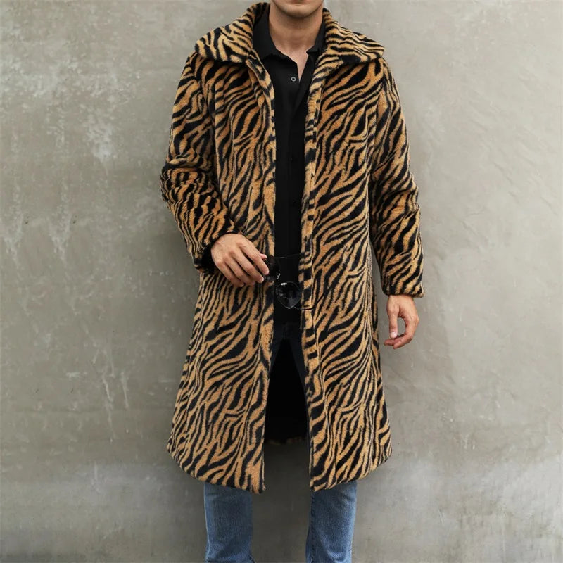 Men’s Faux Fur Coat Winter Warm Long Sleeve Leopard Zebra Print Long Jacket Open Front Overcoat GONZALES ONLINE SHOP