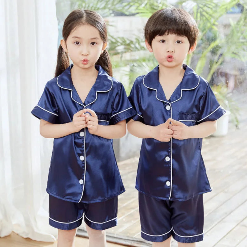 Children Silk Satin Pyjamas Set Baby Sleepwear Pijama Solid color Pajamas Suit Boys Girls Nightwear Autumn Kids Loungewear Pjs GONZALES ONLINE SHOP