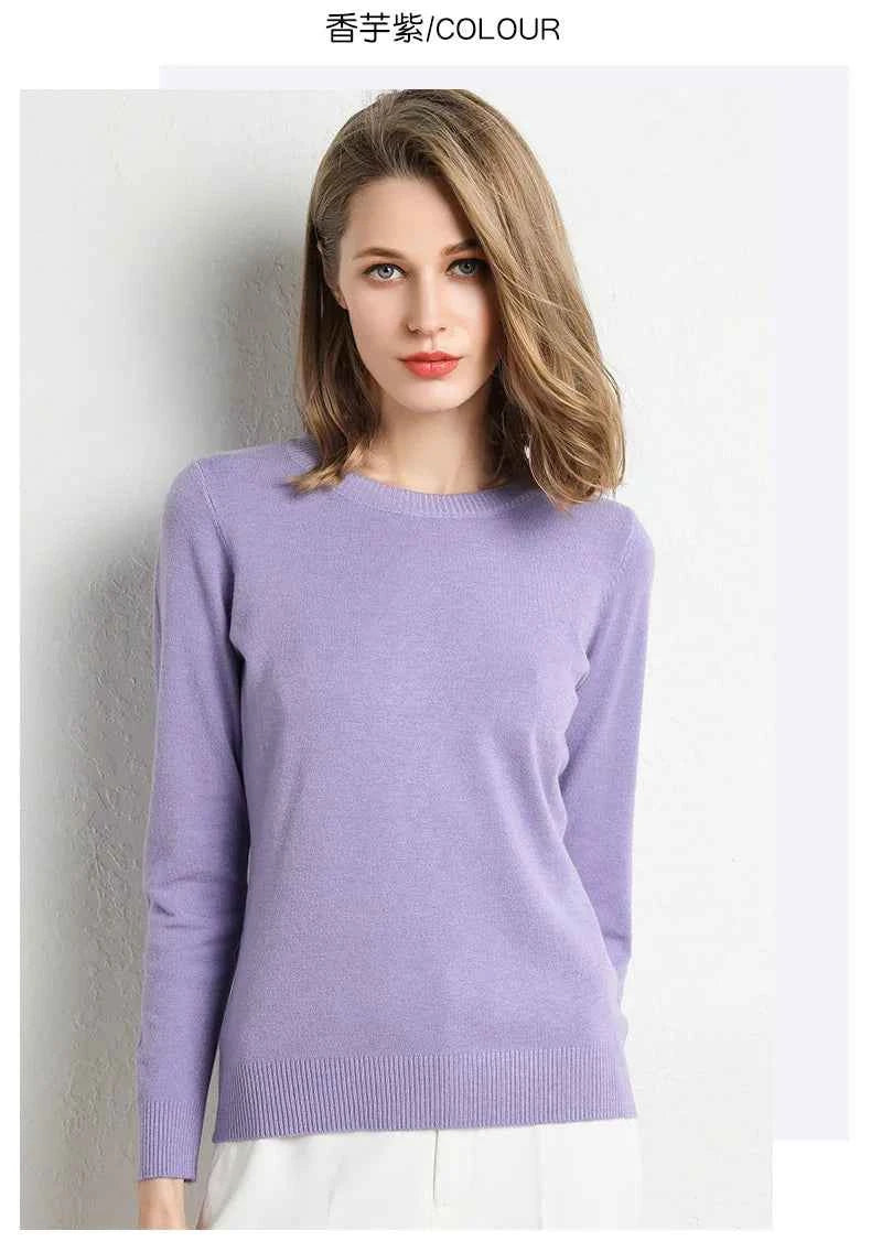 Women Slim O-Neck Solid Pullover Cashmere Wool Blending Sweater Autumn And Winter Long-Sleeved Knit Bottoming Shirt Large Size