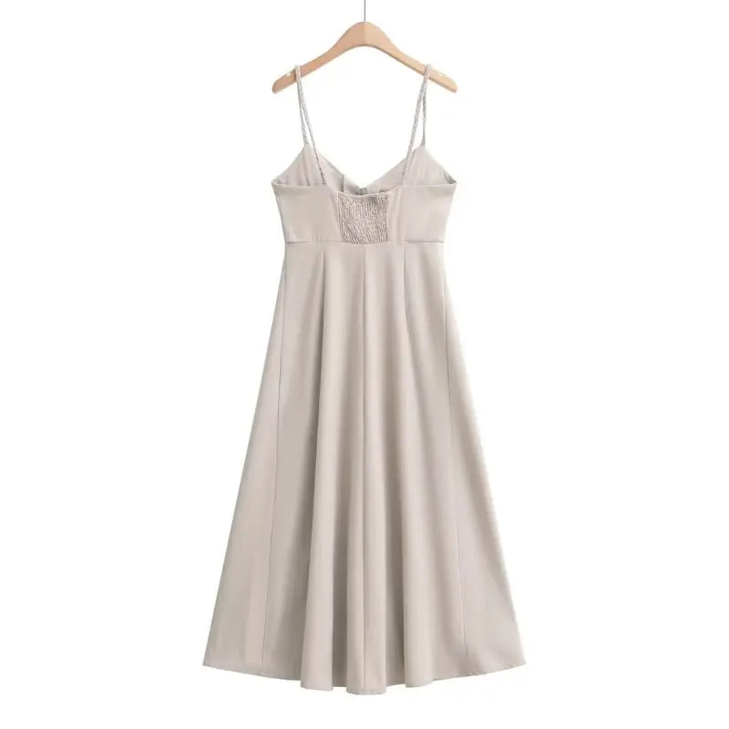 Sivatu Traf Linen Dress Women Strapless V Neck Solid High Quality Midi Vintage Chic and Elegant Y2k Sundress Women's Dresses GONZALES ONLINE SHOP