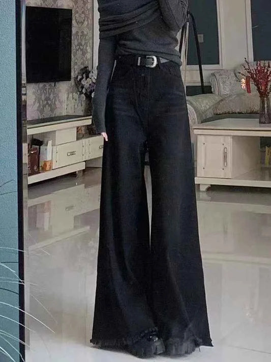 Black Wide Leg Jeans Women Autumn Vintage Raw Edge Tassels Bootcut Denim Pants Loose High Waist Streetwear Harajuku Trouser New