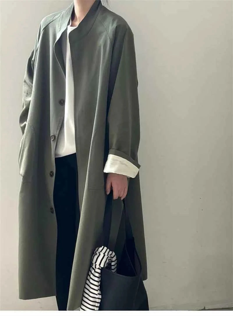 Lazy Loose Stand Up Collar Long Ttrench Coat For Women New Spring Autumn Casual British Style High-end Windbreaker Overcoat